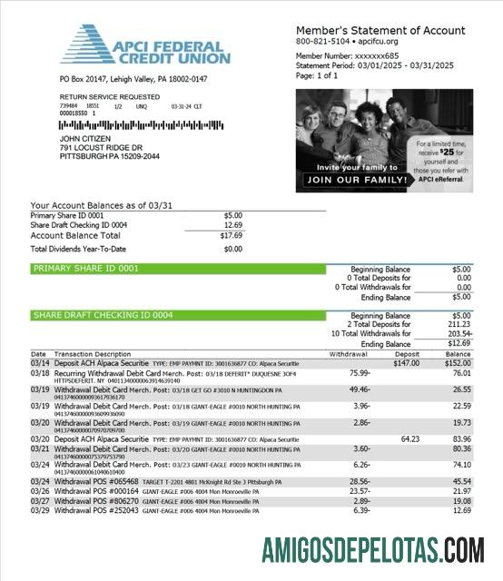 Extrato de conta da União de Crédito Federal APCI dos EUA para impressão, modelo Word e PDF